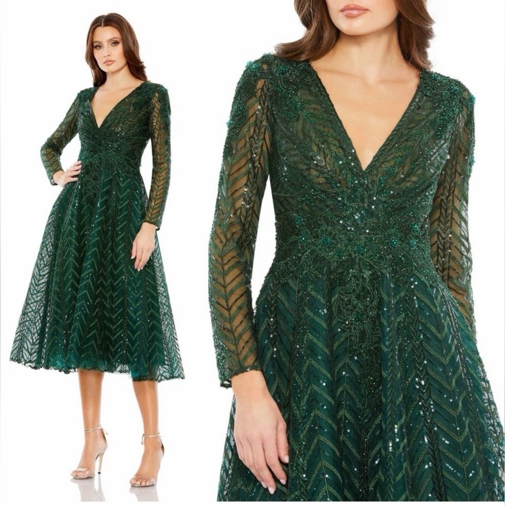 Mac Duggal 20399 Long Sleeve Midi Dress New 18 Emerald Green NWT